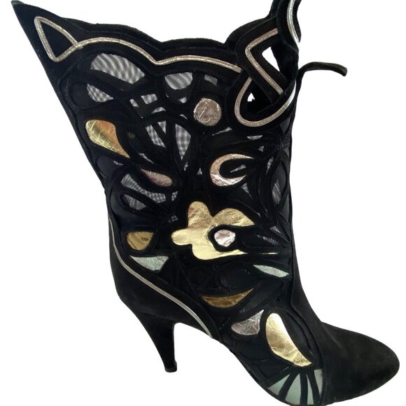 VNTG Sacha London Boho Chic 80s Metallic Mesh Goth Witchy Suede 3" Heels Boot 9B - Picture 3 of 15